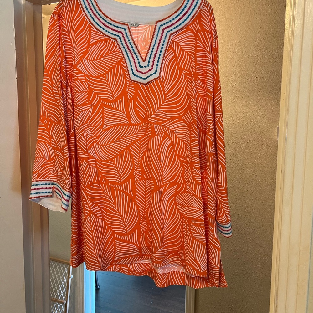Vibrant Orange Leaf Print Tunic with Blue Trim